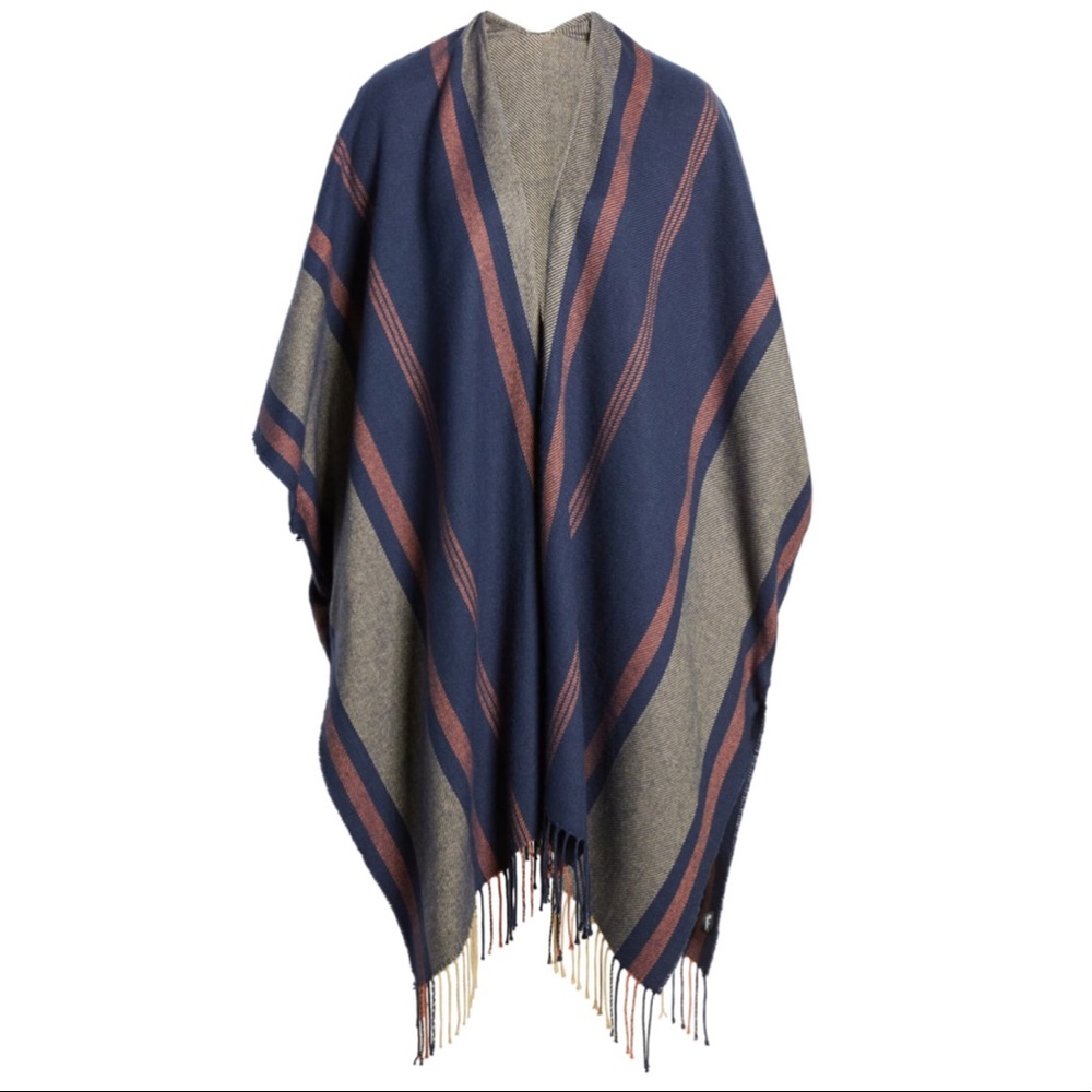 Madewell Variegated Stripe Fringe Blue Poncho Cape